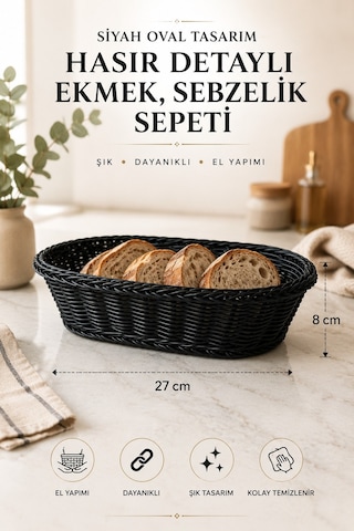 Siyah Oval Tasarım Hasır Detaylı Ekmek, Sebzelik Sepeti 27x 8 Cm