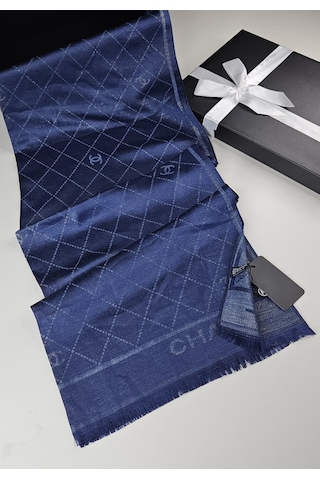 Miorel Scarfs Chnl Tema Simli Kaşmir İpek Şal Scarfs Cashmere Shawl Hijab Yeni Sezon Lacivert