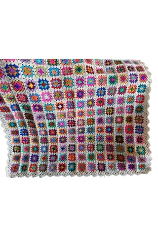 El Örgüsü Etnik Otantik Motifli Ekru Koltuk Şalı 95 Cm X 95 Cm Çok Renkli