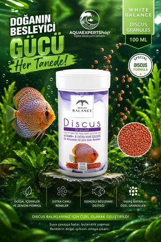 White Balance Discus Granules - Discus Balıları İçin Granül Yem - Özel Formül - Balık Rengini Canlandırır - 100 Ml