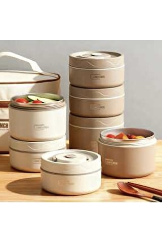Lunch Box Isı Yalıtımlı Termal Yemek Çantası + 4 Lü Saklama Kabı Seti Kahverengi - Krem