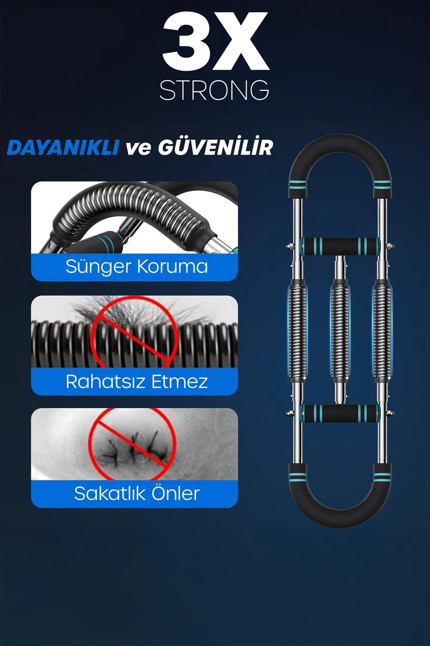 3x Power 35-60kg Ayarlanabilir Üçlü Metal Yaylı Göğüs & Kol Full Body Egzersiz Aleti Fitness Bar