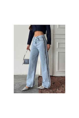 Blue Marlın Yan Fermuarlı Uzun Boyfriend Bol Paça Jeans Buz Kar