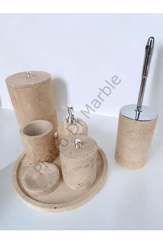 Sarı Traverten Klasik Model 7 Parça Gümüş Renk Düğme Aksesuarlı Banyo Seti Sarı Traverten