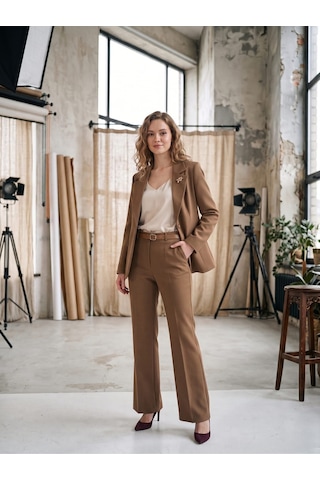 Prenses Kadın Yüksek Bel Kemerli Blazer Ceket Takım Camel