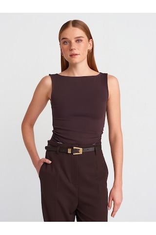 Dilvin 31589 Büzgülü Kayık Yaka Top-koyu Kahve Koyu Kahve