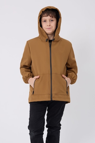 Erkek Çocuk Taba İçi Astarlı Su Ve Rüzgar Geçirmez Kapüşonlu Çift Fermuarlı Cepli Mont Taba