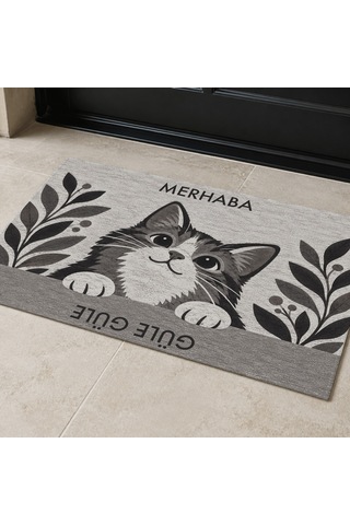 Kartela Halı Merhaba Güle Güle Kedili Kapı Paspası Antrasit Kaymaz Kauçuk Taban Yıkanabilir 60x90 Cm