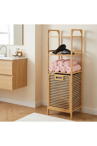 Porsima 120 Cm Doğal Bambu Banyo Düzenleyici Raf - Katlanabilir Kirli Sepetli Çok Amaçlı Banyo Dolabı Ahşap