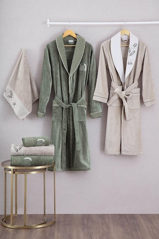 Ecocotton Derin Bej-yeşil "m-l" %100 Organik Pamuk Nakışlı Aile Bornoz Seti Bej - Yeşil