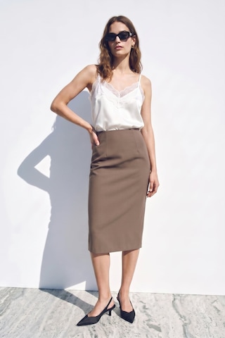 Sateen Düz Kalem Etek - Vizon-137389