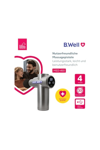 B.well Swiss Med-450 Masaj Tabancası, 33 Hız Seviyeli Elektrikli Kas Perküsyon Masajı, 4 Masaj Başlığı, 1.800 Mah Pil, Otomatik Kapanma Ve Usb-c Şarj Kablosu