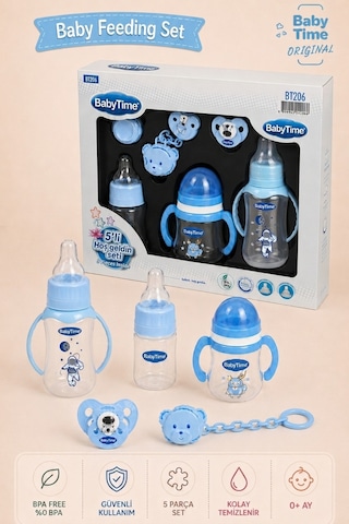 Babytime 5'li Bebek Beslenme Seti Mavi 0+ Ay 150 Ml Pp Biberon - Alıştırma Bardağı - Emzik ve Askısı Ak206 Bebe Mavi
