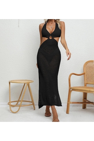 Bağlama İpli Derin V Yaka Örgü Boyundan Bağlamalı Tunik Uzun Plaj Elbisesi Siyah