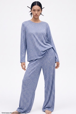 Siyah İnci Leopar Baskılı Örme Pijama Takım 8078 Mavi Leopar
