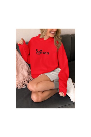 Stil X Sevimli Pandalar Baskılı Kadın Sweatshirt Kırmızı-5