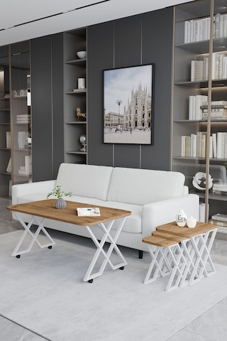 Milano 3'lü Zigon Sehpa Beyaz Metal - Atlantik Çam Tabla