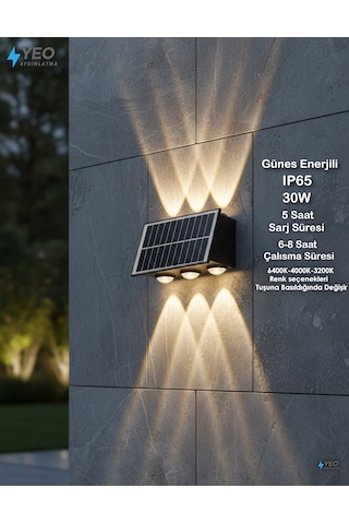 30 Watt Güneş Enerjili Duvar Aplik Siyah Renkli