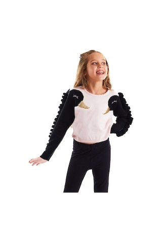 Denokids Mushi Kuğu Kız Triko Kazak Pembe - Siyah