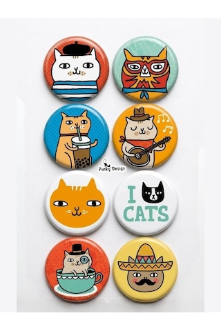 8'li Set-8 Kedi Temalı Rozet Seti Sevimli Renkli Cat Desenli Kawaii Broş Pin Çok Renkli