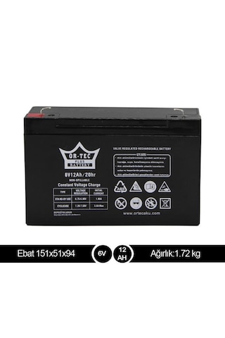 Ortec 6v 12ah Bakımsız Akü Ve Şarj Aleti