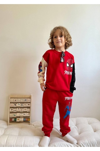 Jolly Kids Erkek Çocuk Karakter Baskılı Blok Renkli Sweatshirt Takım Kırmızı