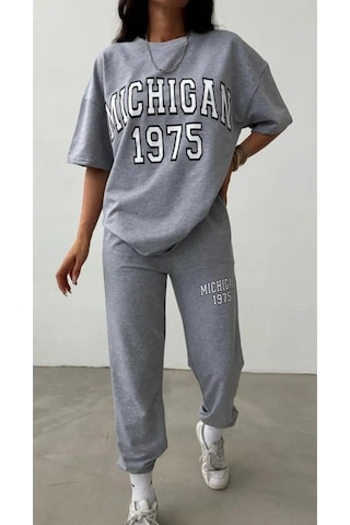 1975 T-shirt Eşofman Altı Jogger- Gri Baskı Alt Üst Eşofman Takımı Oversize Bisiklet Yaka Gri