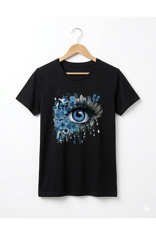 Kadın Beyaz , Siyah Pamuklu Mavi Çiçekler Kelebek Detaylı Göz Baskılı Rahat Kalıp T-shirt Siyah