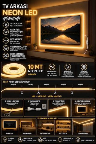 Noas 10 Metre 220volt Tak Çalıştır Gün Işığı Yüksek Performanslı 3200k Neon Led Fişli Trafo Gerektirmez Esnek Led Montaj Aparatı Dahil Günışığı 3000-3200K