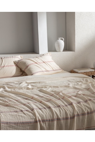 Madame Coco Breville Tek Kişilik Müslin İpliği Boyalı Lastikli Nevresim Takımı - Ekru/lacivert 8684427207475 Çok Renkli