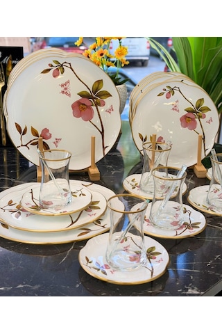 30 Parça Sakura Servis Pasta Çay Takımı Gold-5268 Beyaz