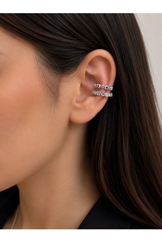 Gümüş Kaplama Nazar Boncuklu Taşlı Earcuff Küpe Gold Kaplama Kıkırdak Küpe Gümüş - Mavi