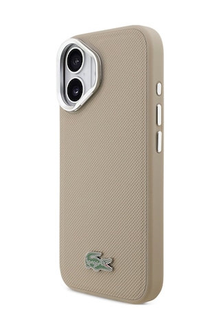 Apple Uyumlu iPhone 17 Kılıf Lacoste Lisanslı M-safeli Pu Pike Desenli Standlı Metal Logolu Kapak Bej Bej