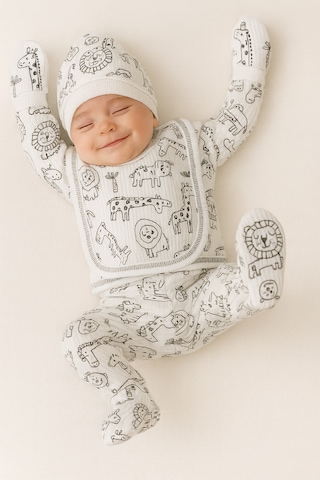 Hece Bebe Pamuklu 5 Parça Yenidoğan Hastane Çıkışı Seti Bebek Zıbın Takımı, Şapka, Önlük, Eldiven Ekru - Kahverengi