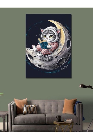 Kanvas Tablo Ay Üzerinde Kitap Okuyan Kedi 100cmx140cm