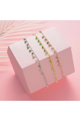 Queen Silver Jewelry 925 Ayar Gümüş Ful Sallantılı Yeşil Renk Geçişli Bileklik Altın