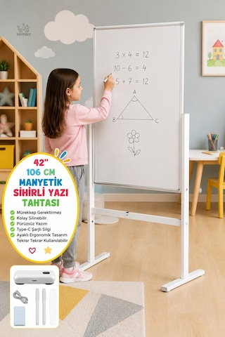 Manyetik Sihirli Yazı Tahtası Ayaklı Silinebilir Yazı Çizim Panosu Type-c Şarjlı 106 Cm Beyaz