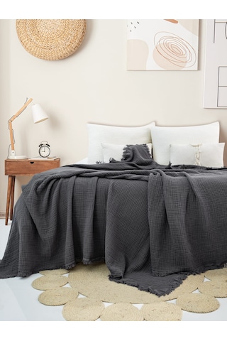 4 Katlı Müslin Yatak Örtüsü - Koyu Gri Renk Çift Kişilik Pike Koyu Gri