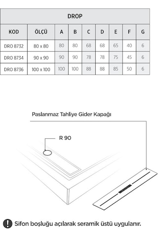 Shower 90x90 Drop Kare Monoblok Duş Teknesi H:8 Cm