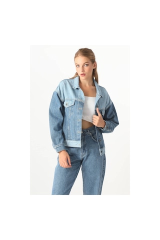 Kadın Renk Bloklu Oversize Jean Ceket Mavi 001