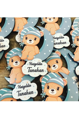 Ay Üstünde Oturan Erkek Ayıcık Ahşap Baskı Magnet 30 Adet