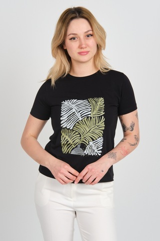 Sistas Kadın Baskı Desenli Kısa Kollu Pamuklu Bluz 24099 Siyah Siyah