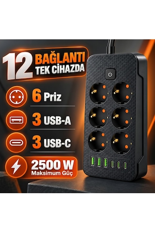 2500w 6'lı Grup Priz 6 Usb Girişli 3 Type-c + 3 Usb-a Açma Kapama Anahtarlı Çoklu Priz Çoğaltıcı