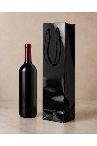 Şişelik İpli Siyah Karton Poşet, 1 Adet - 12x10x38 Cm, Kalın Yapı