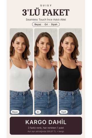 Suısy Seamless Touch İnce Askılı Atlet 3'lü Paket Gri - Siyah - Ten Çok Renkli