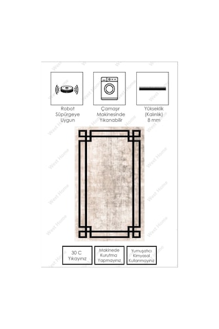 West Home Dijital Baskı Yıkanabilir Kaymaz Taban Salon Halısı Mutfak Halısı Yolluk Wh 422 Beige