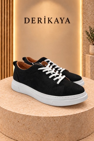 Deri Kaya Erkek Nubuk Deri Bağcıklı Günlük Sneaker Spor Ayakkabı Siyah