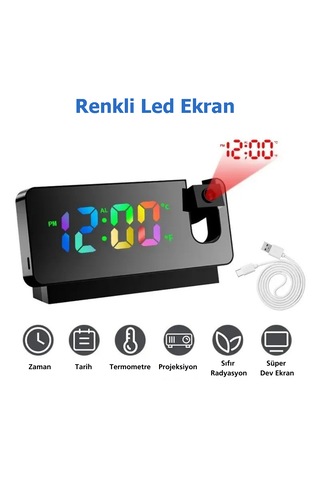 Techtic Çok Fonksiyonlu Projeksiyon Masa Saati Renkli Ekran Alarm
