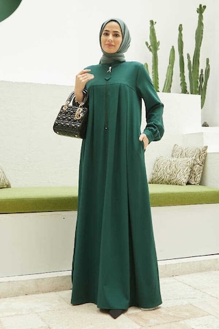 6612-fermuarlı Pileli Elbise Zümrüt Yeşili
