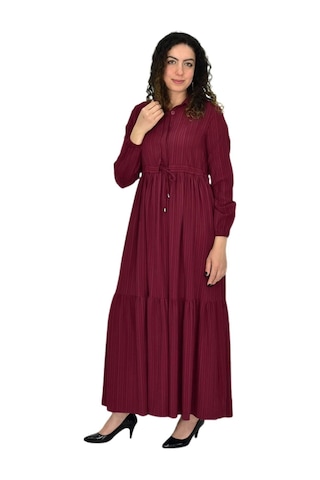 Kadın Uzun Kol Lastikli Kabartma Çizgili Elbise Bgl-st04676 Bordo